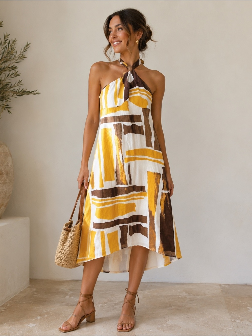 Merona Geometric 100% Cotton Boho Halter Hi-Low lined Dress Boho sz 6 Midi Flowy